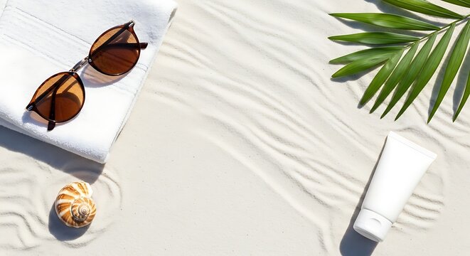 Summer beach essentials sunglasses, sunscreen, and a palm leaf on white sand, perfect for vacation packing and sunny day preparation