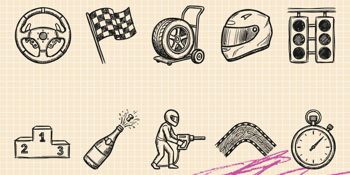 Black ink scribble doodle vector vintage hand drawn illustration of motorsport auto racing, steering wheel, helmet, checkered flag, and racing tire.