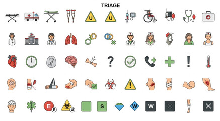 Obraz premium Medical triage icons representing various healthcare and emergency situations for quick assessment.