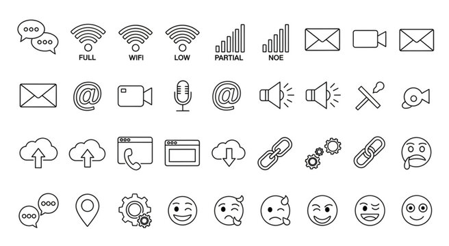 Collection of various communication and technology icons in outline style for design.
