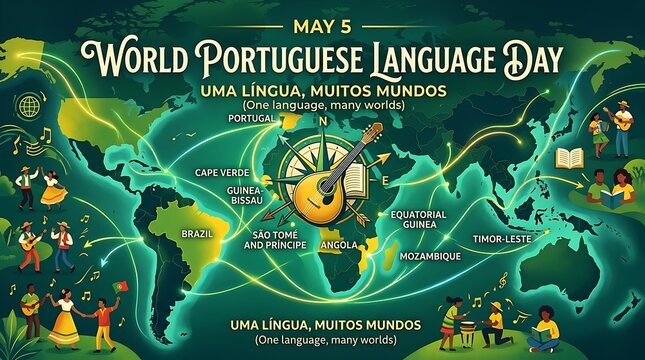 A vibrant illustration celebrating World Portuguese Language Day with a world map and diverse cultural elements.
