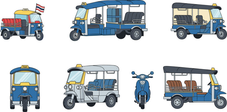 Thai Tuk Tuk and Scooter Set with Various Views of the Traditional Rickshaw Taxi in Flat Vector Style