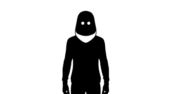 Minimalist Creepy Masked Silhouette Character on White Background