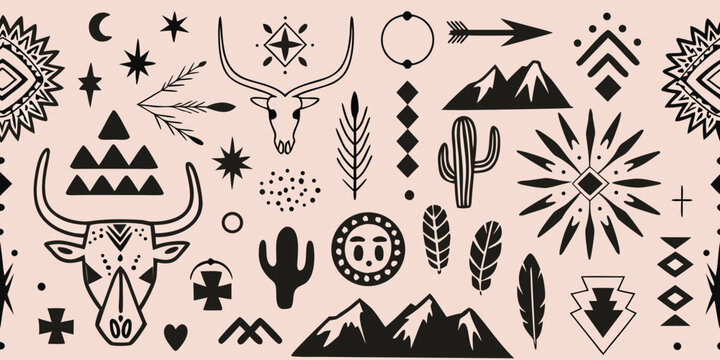 Bohemian southwestern pattern featuring animal skulls cacti and celestial motifs