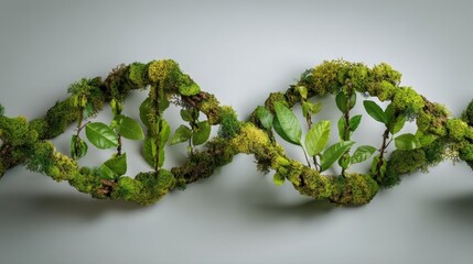 Naklejka premium Green DNA double helix structure made of moss and leaves, symbolizing nature and genetics, displayed against a neutral gray background for a modern aesthetic