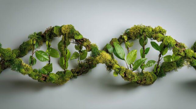 Green DNA double helix structure made of moss and leaves, symbolizing nature and genetics, displayed against a neutral gray background for a modern aesthetic