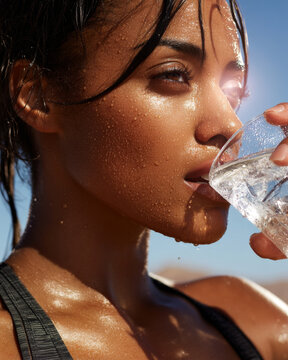 Sweaty woman drinking water from glass outdoors under sunlight feeling refreshed and hydrated