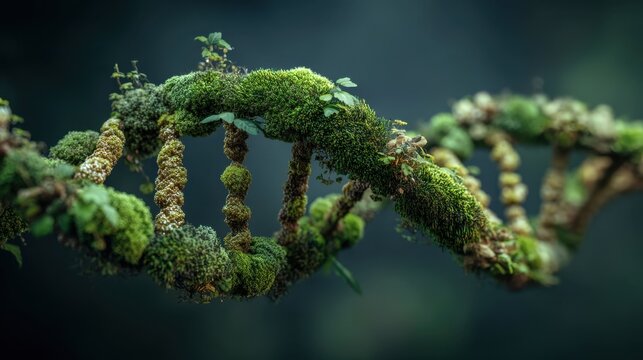 DNA double helix structure made of lush green moss and small plants against a blurred dark background, symbolizing nature and genetics in harmony