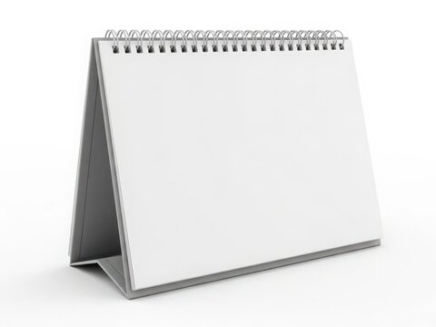 A blank, standing calendar with a metal spiral binding and a white cover.