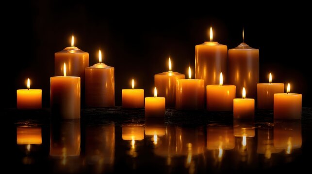Group of various sizes of lit candles arranged on a reflective surface, creating a warm glow against a dark background, ideal for ambiance and decoration
