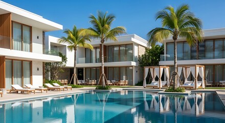 Fototapeta premium Luxury Resort Poolside with Palm Trees and Cabanas