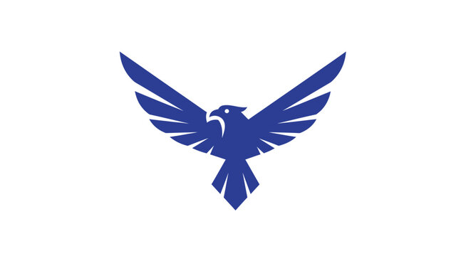 A stylized emblem of a blue bird soaring with outstretched wings against a white background