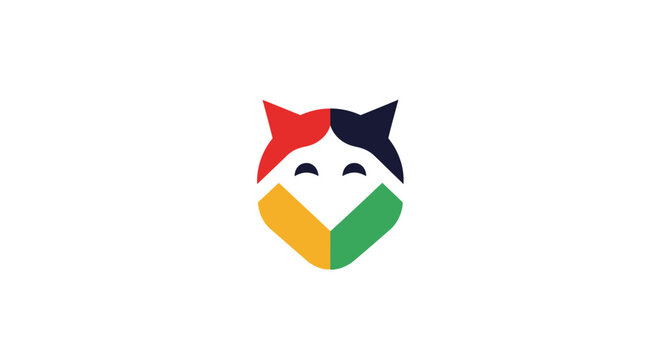 A vibrant and playful logo design featuring a colorful stylized feline head for various applications