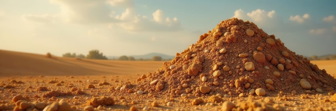 A large, freshly turned pile of light brown topsoil , wet, topsoil, photo