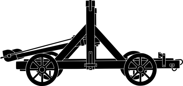 Black silhouette of a medieval catapult on wheels against a isolated on white background
