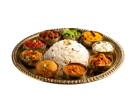 Chanting chand mubarak celebration thali with basmati rice and mixed indian curries on brass platter