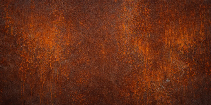 A weathered vintage backdrop featuring a rough, aged steel surface with an orange and brown corrosion pattern on a grungy, textured old rusty metal wall material