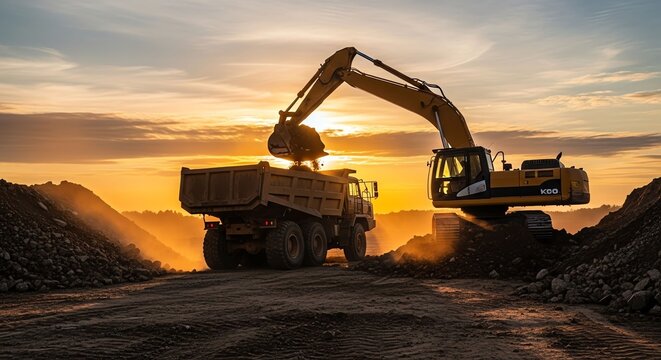 Heavy Construction Excavator Operating During Sunset at Construction Site.