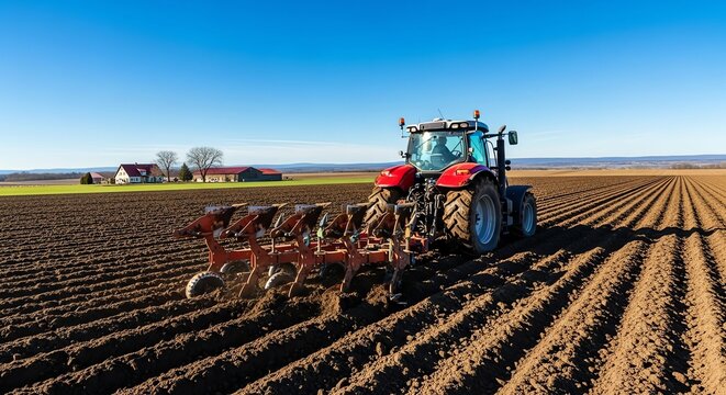 Modern tractor plowing vast agricultural field under clear blue sky.