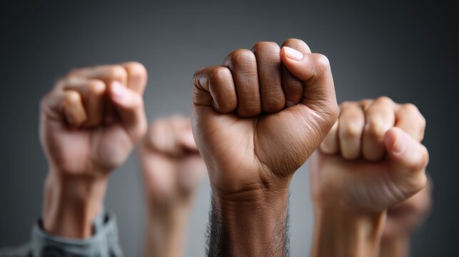 Diverse group of raised fists in solidarity against a neutral background, symbolizing unity and strength among individuals from different backgrounds