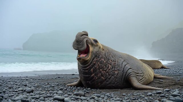 Majestic Walrus Roars on Foggy Beach at Sea.