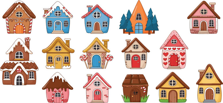 Gingerbread house vector set featuring candy cottages chocolate roofs and lollipop decorations for Christmas and holiday design in a flat style.