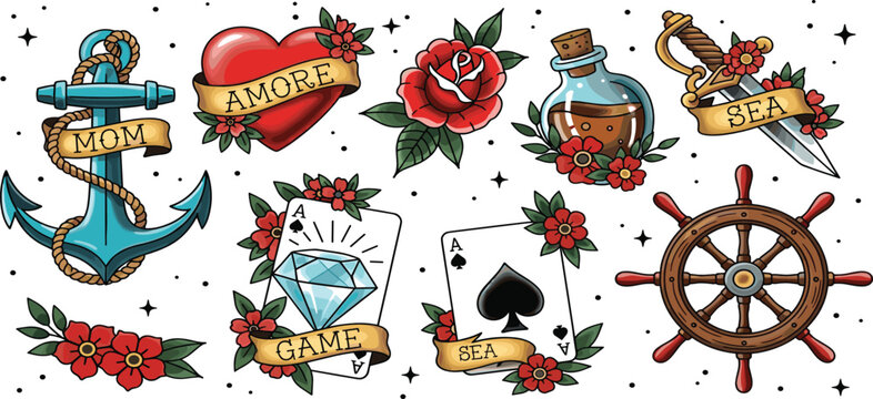 Old school tattoo flash vector set featuring anchor heart rose dagger and playing cards icons with banners in a vintage traditional style