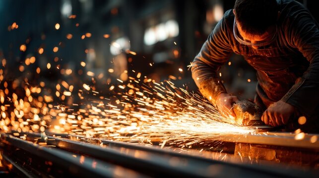Male metalworker in gray overalls uses an angle grinder on steel, creating sparks in a dimly lit workshop with blurred machinery in the background