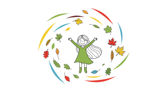 Happy young girl with long hair spinning joyfully in a circle of colorful falling autumn leaves on a clean white background for seasonal design.