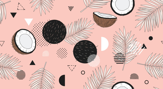 Tropical seamless pattern of halved and whole coconuts with elegant palm leaves and geometric shapes on a soft pink background for summer design.