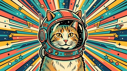 Retro pop-art illustration of an orange ginger cat astronaut in a vintage spacesuit against a colorful cosmic sunburst background © Haz_Photos