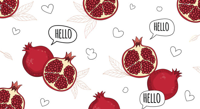 Playful pattern of sliced and whole red pomegranates with cute speech bubbles saying hello on a clean white background.