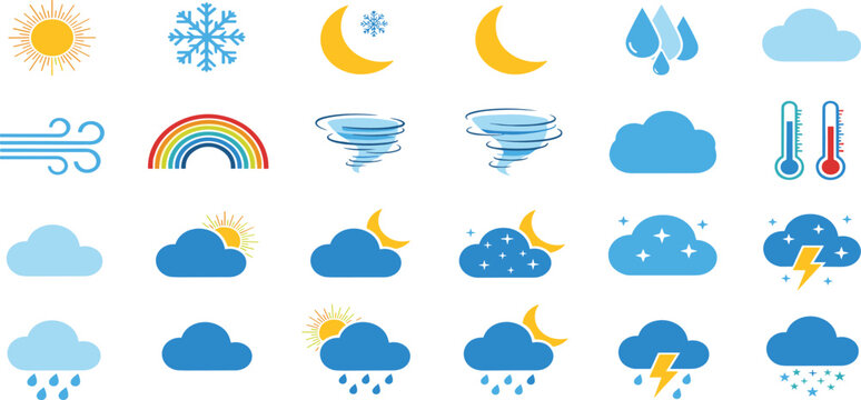 Weather icon vector set featuring sun moon clouds rain snow storm rainbow and thermometer icons in a flat minimalist style