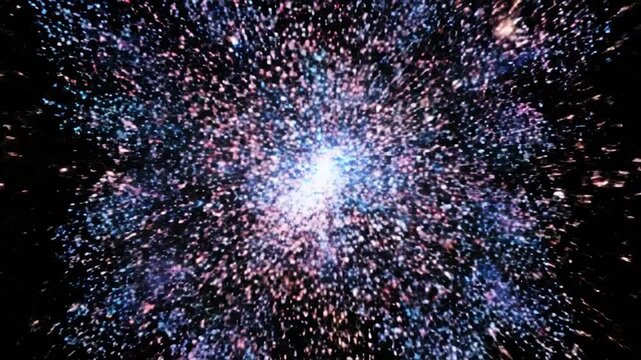 Abstract glowing cube in outer space with stars and lightning.