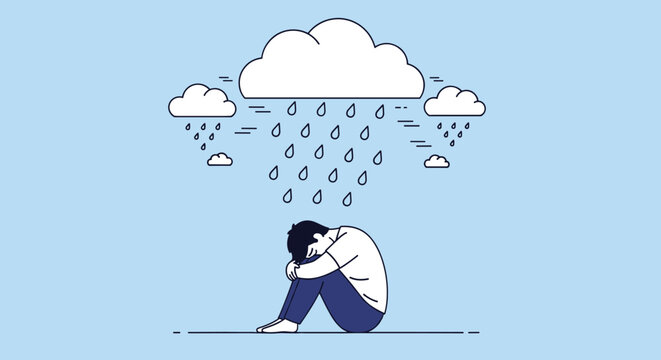 Illustration of a lonely person sitting hunched over in distress beneath dark rain clouds representing depression.
