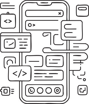 Vector graphic illustration of a smartphone with various coding and design elements surrounding it for app development