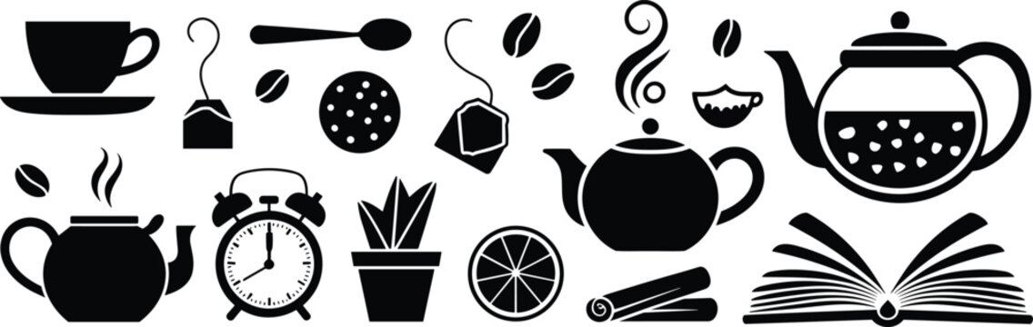 Tea cup silhouette with coffee beans, cookies, teapot steam, lemon slice, cinnamon sticks, cozy book, plant, alarm clock
