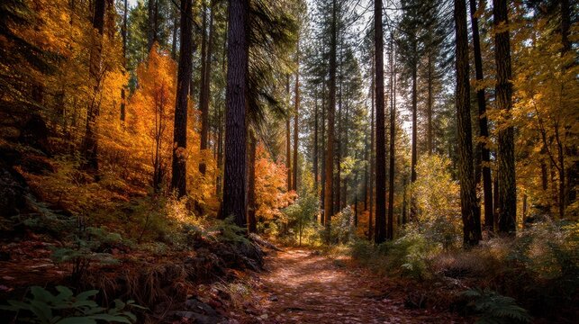 Autumn forest path surrounded by tall trees with vibrant orange and yellow foliage, sunlight filtering through branches creating a serene natural setting