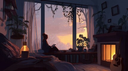 Obraz premium Female figure sitting on bed reading a book by a large window with plants, warm light from a fireplace, and a cozy atmosphere during a snowy evening