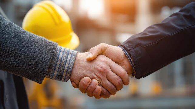 Two male construction workers shaking hands on a job site with a yellow hard hat visible in the background, symbolizing partnership and collaboration in the construction industry