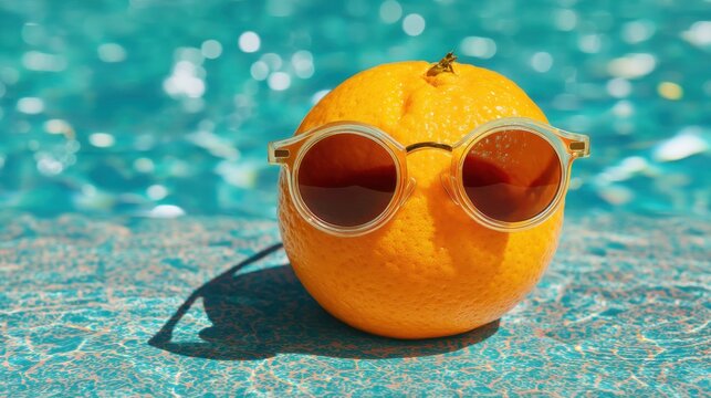 Orange fruit wearing stylish sunglasses rests on the edge of a swimming pool with shimmering blue water in the background reflecting sunlight