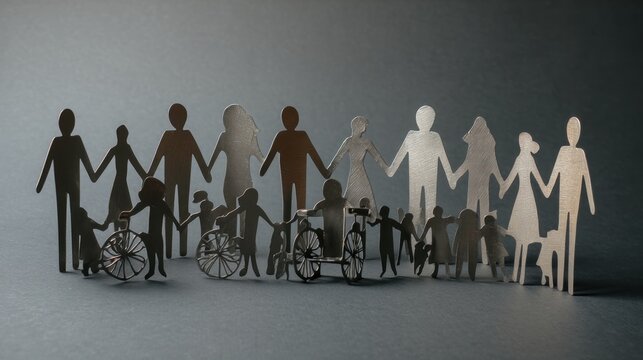 Paper cutout figures of diverse individuals holding hands, including children, adults, and those with disabilities, arranged in a line against a dark background