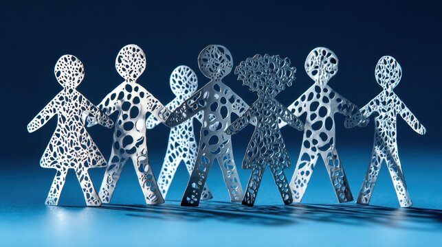 Cut-out paper figures of diverse individuals holding hands, showcasing unity and togetherness against a gradient blue background with soft lighting