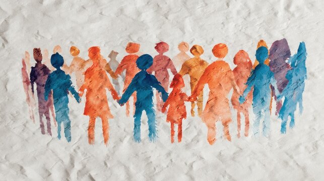 Colorful watercolor illustration of diverse silhouettes holding hands, representing unity and togetherness against a textured white background