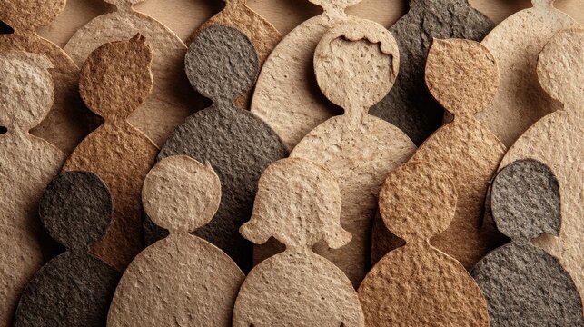 Cut-out figures of diverse people made from textured paper in various shades, arranged closely to represent community and unity in a creative display