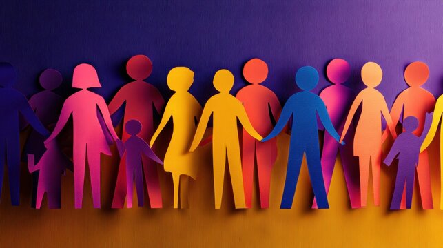 Colorful paper cutouts of diverse people holding hands against a gradient background, symbolizing unity and community in a vibrant and artistic representation