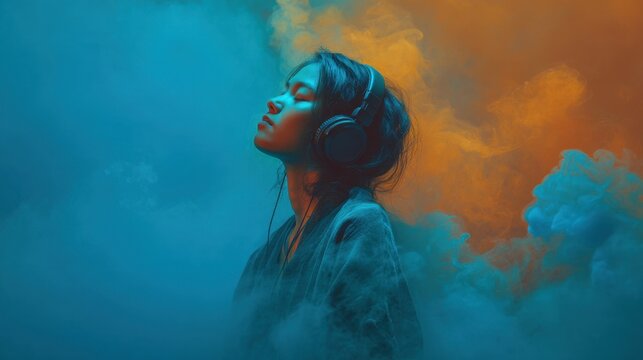 Young woman with headphones immersed in colorful smoke, featuring blue and orange hues, creating a vibrant and artistic atmosphere in a studio setting