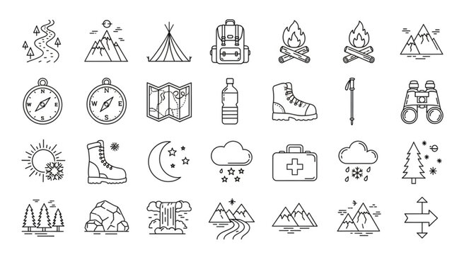 Collection of camping and hiking icons representing outdoor adventures and exploration.