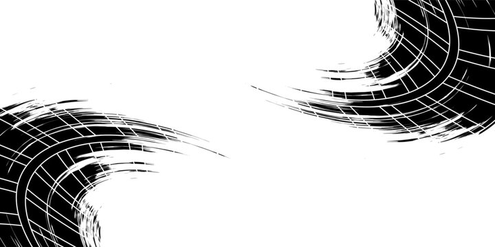 Tire tracks, wheel textures, tire tracks - auto racing, motocross, drift, rally, off-road and more. Isolated black texture vector in grunge style