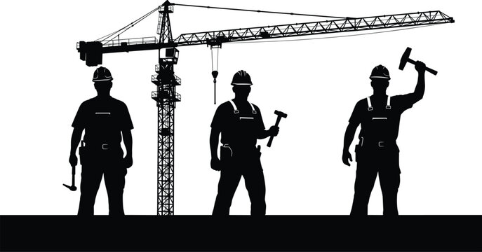 Construction workers silhouette set with tower crane isolated on white background, industrial builders with hammers and helmets vector illustration collection.